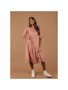 Roolee Red Floral Button Down Puff Sleeve Tiered Midi Dress Sweet Talk Sz M/10